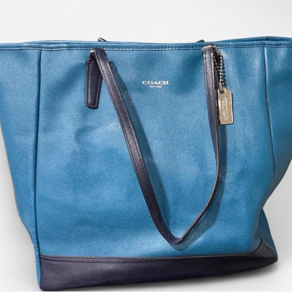 Coach Saffiano Leather East West City Tote in blue with a dark navy — EUC